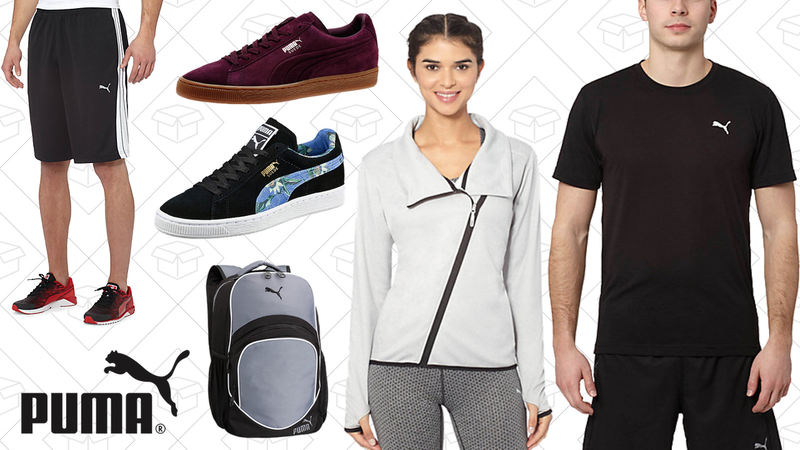 Formstrip Shorts, $14 | Suede Emboss Men’s Sneaker, $42 | Suede Classic + Flourish Women’s Sneaker, $39 | Soccer Ball Backpack, $26 | Warmcell Jacket, $31 | Essential Training Crew Top, $14